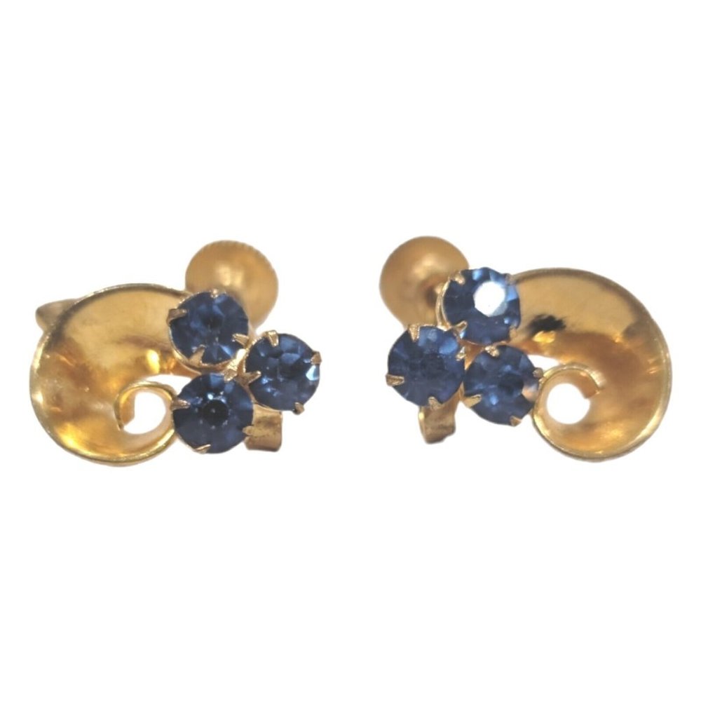 Vintage Earrings Screwback Shiny Blue Rhinestone Gold Tone Great Flowing Shape
